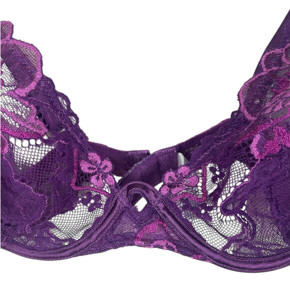 Wacoal Lace Plunge Bra Floral Sheer Feminine Romantic 95730 Purple Size 34B - Picture 4 of 12